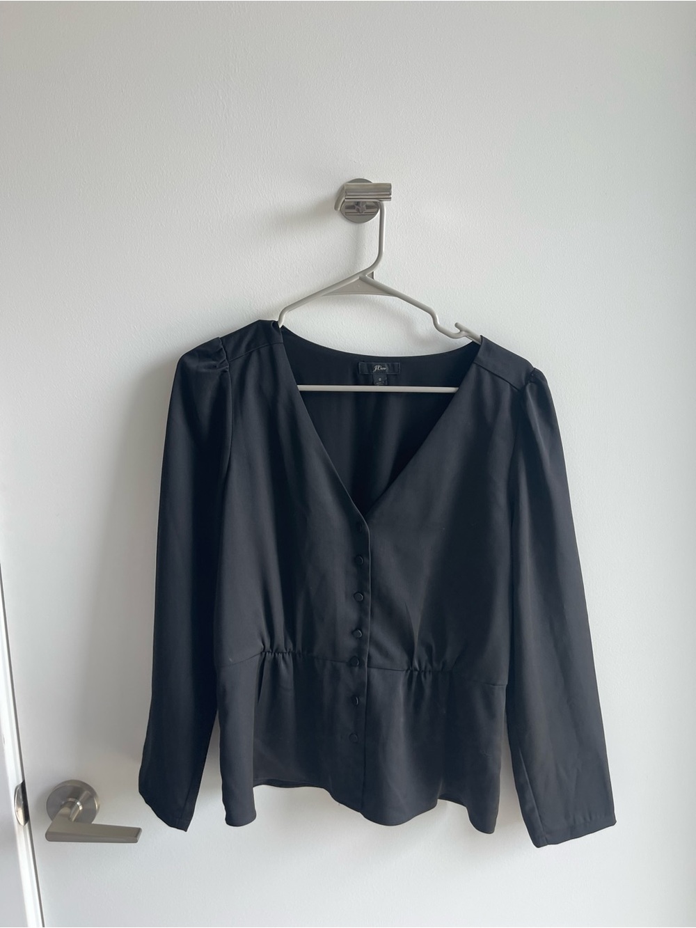 J Crew Black V-Neck Button Front Peplum Blouse